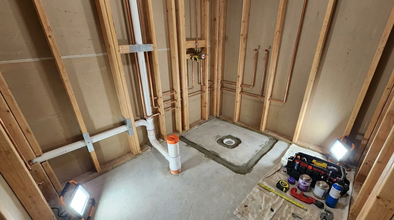 Bathroom rough-in plumbing during remodel by Johns Plumbing LLC in Huntington Park