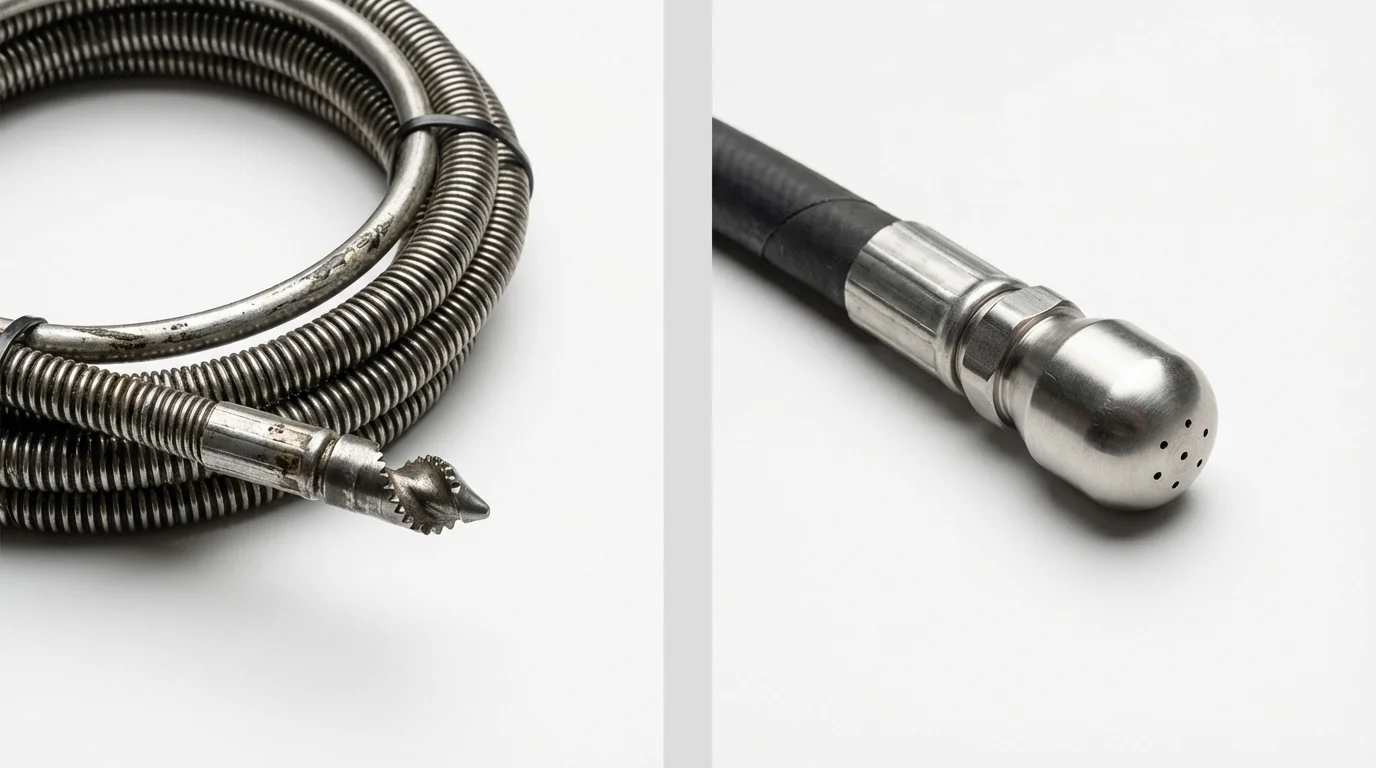 Drain snake cable and hydro jetting nozzle used for drain cleaning in Huntington Park, CA