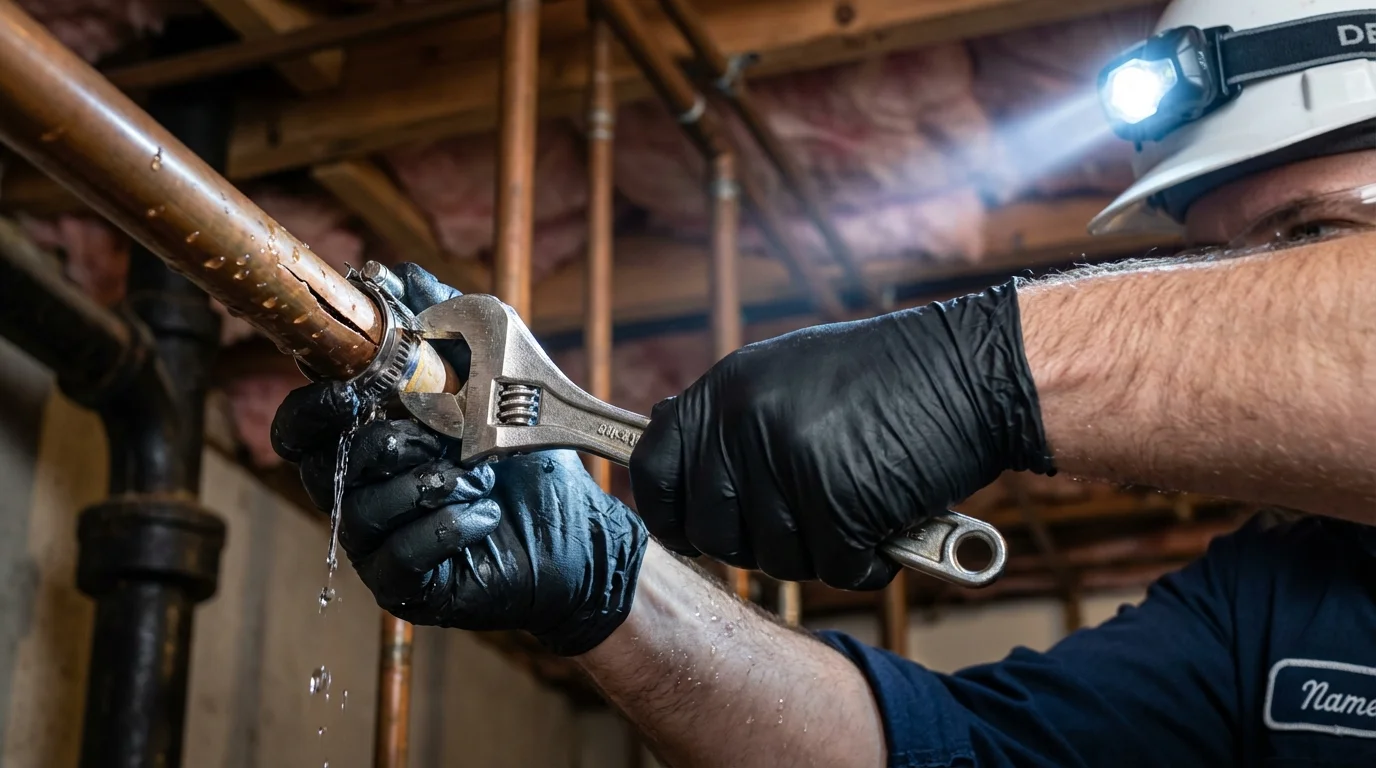 Emergency pipe clamp repair being performed by a Johns Plumbing LLC plumber in Huntington Park