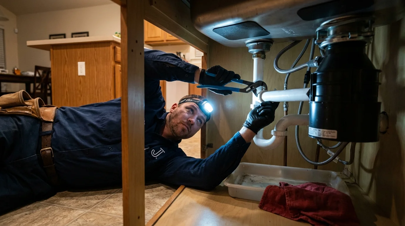 P-trap and supply line connections under a kitchen sink showing a common leak point in Huntington Park, CA